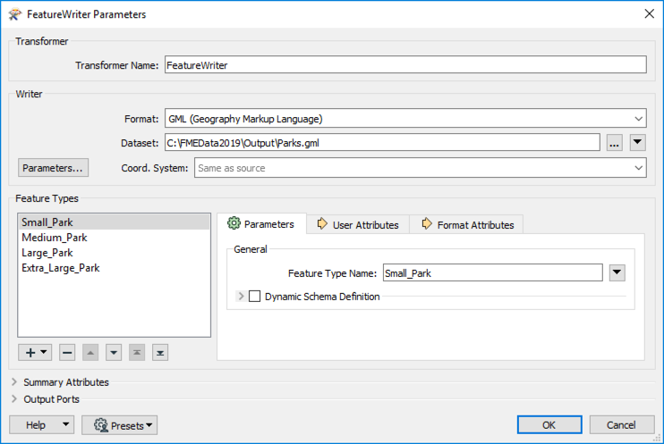 FeatureWriter parameters with multiple output feature types